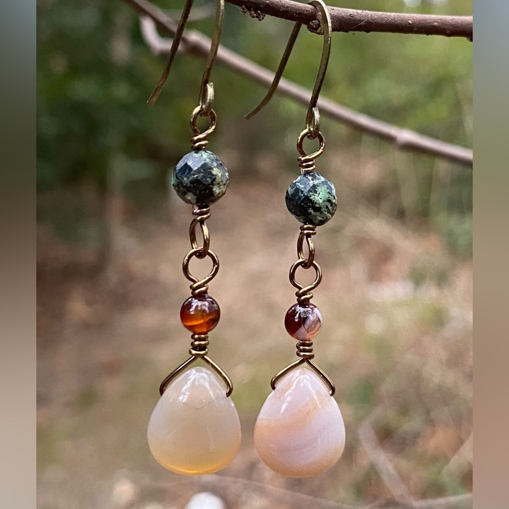African Turquoise and Dream Agate Dangle Earrings - Picture 3 of 6